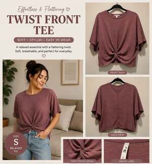 3RD + MALT Relaxed Fit Twist Front Mauve Cropped Tee